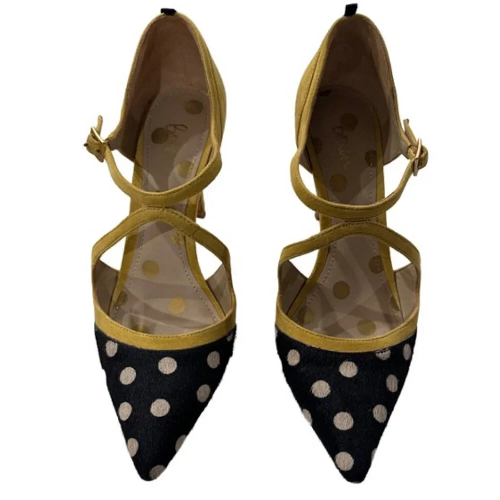 Boden Tisha Polka Dot Cow Hide and Yellow Suede Strappy Heels - Size 8.5 - Picture 4 of 16